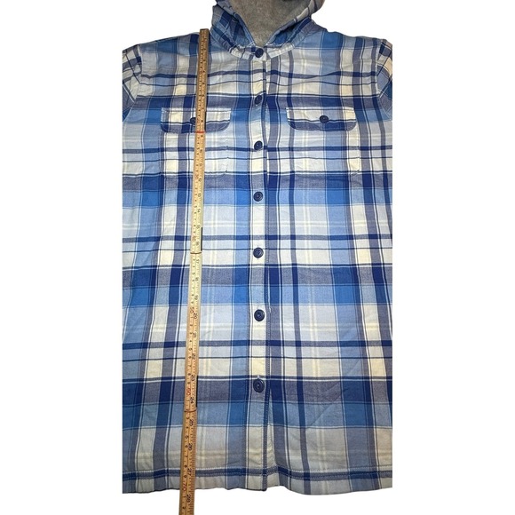 L.L.Bean Womens M Fleece-Lined Flannel Hoodie Shirt Blue Plaid Long Sleeve - Picture 9 of 9